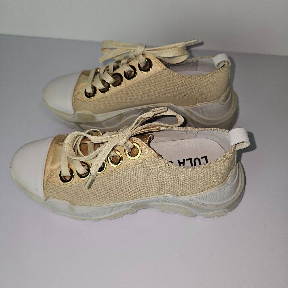 Lola Cruz Gold Mesh, Satin, Leather Chunky Heel Sneakers, Sz 36 - Picture 5 of 10